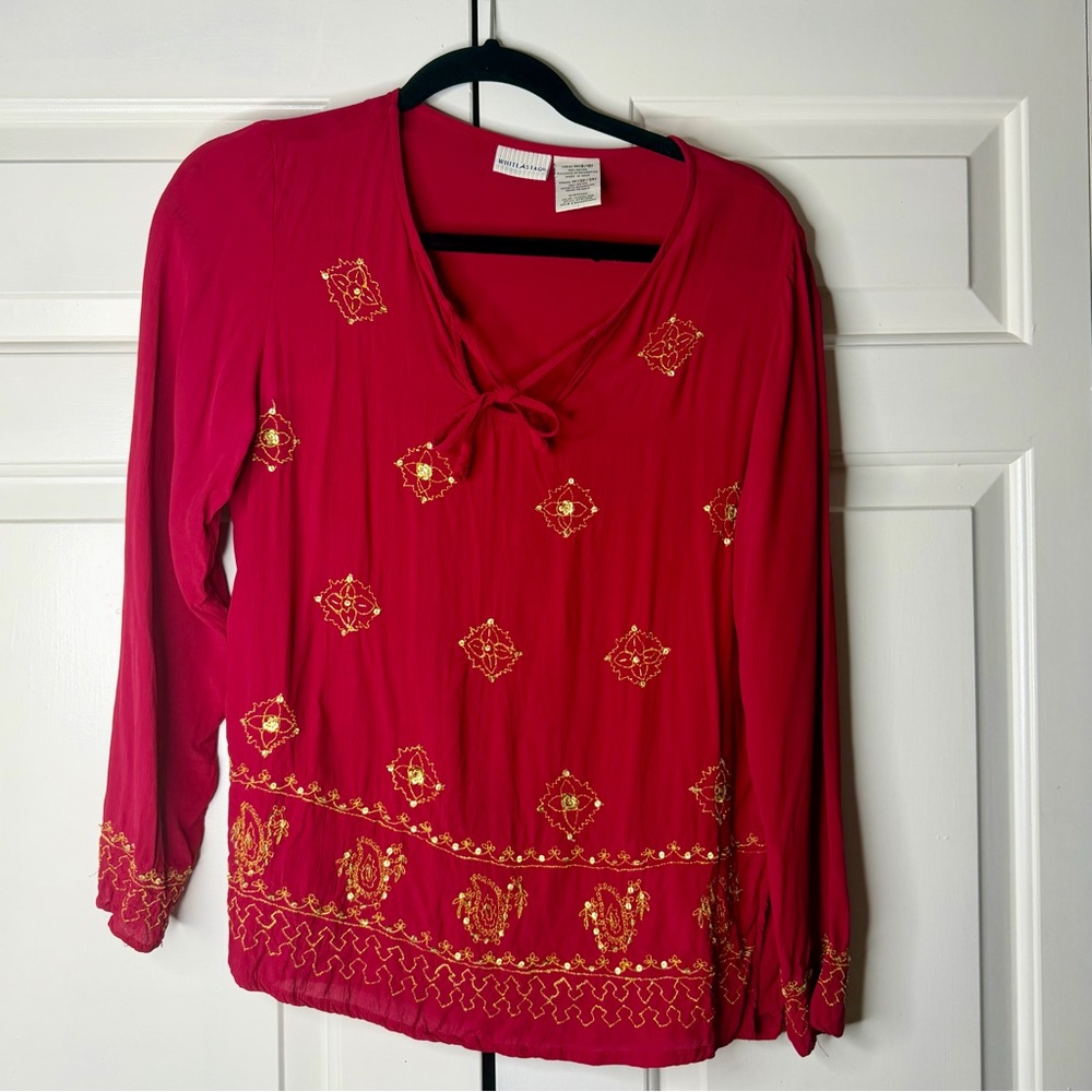 White Stag Red Embroidered Blouse – Size Medium – Gold Detail